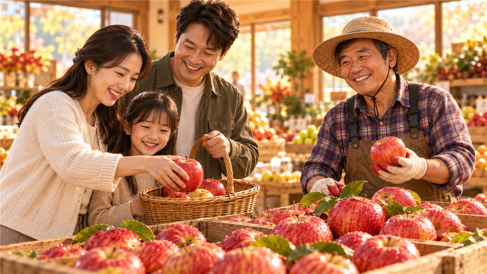 컷 4 — 가족과 농부의 따뜻한 사과 장보기